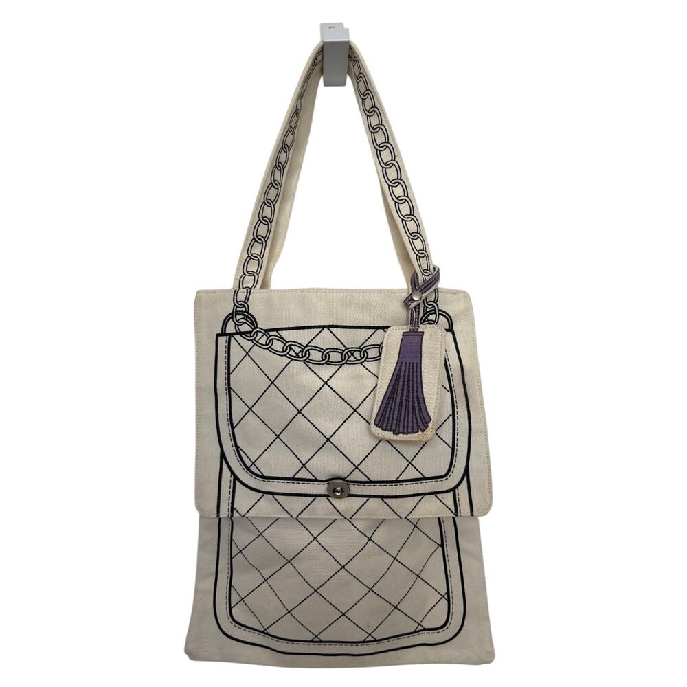 Vintage Borders Books Illustrated cream Canvas Tote Bag Purse Print 100% Cotton